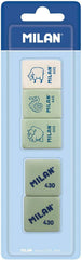 Milan Pack de 5 Gomas de Borrar, 3xGomas 445 Nata Rectangulares + 2xGomas 430 Cuadradas - Miga de pan - Caucho Suave Sintetico - Colores Surtidos