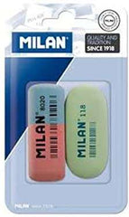 Milan Pack de 2 Gomas de Borrar, 1xGoma 8020 Biselada Doble Intensidad + 1xGoma 118 Ovalada - Caucho Sintetico - Para toda Clase de Papeles - Colores Surtidos