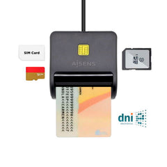 Aisens Lector de Tarjeta Inteligente DNI con Lector de Tarjetas SIM - SD - Micro SD - MMC - RS-MMC - MMC Micro - Color Negro