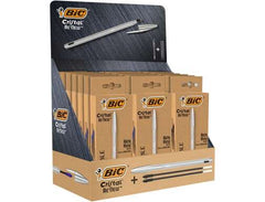 Bic Cristal Re´new Expositor de 21 Boligrafos de Bola con Cuerpo Metalico + 2 Recambios + 50 Bic Cristal Azul de Regalo - 15 Tinta Azul y 6 Tinta Negra - Punta Media de 1.0mm - Tinta con Base de Aceite - Color Azul
