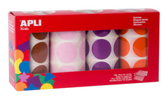 Apli Pack de 4 Rollos de Gomets Redondos Ø 33mm - 708 Gomets por Rollo - Adhesivo Permanente - 2832 Gomets en Total - Ideales para Escuelas Infantiles - Colores Marron, Rosa, Lila y Naranja