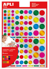 Apli Pack de 624 Gomets Redondos - Adhesivo Removible - Acabado Metalizado - Ideales para Escuelas Infantiles - Desarrollo de Habilidades y Creatividad - Colores y Tamaños Surtidos
