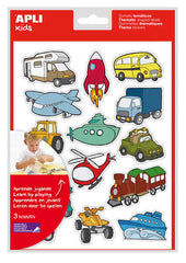 Apli Bolsa de Gomets Tematicos Transportes - 45 Gomets en 3 Hojas - Ilustraciones Divertidas para Enriquecer Vocabulario y Habilidades Motoras - Adhesivo Removible - Adhesivo Base Agua - Libre de Disolventes - Colorido