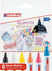 Edding 95 Pack de 6 Rotuladores para Cristal - Punta Redonda - Trazo 1.5-3mm - Colores Blanco, Amarillo, Negro, Naranja, Rosa y Azul