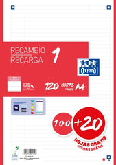 Oxford School Recambio A4 120 Hojas 1 Linea - 4 Taladros - Banda de Color Rojo