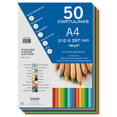 Dohe Pack de 50 Cartulinas A4 de 180gr - Con PH Neutro - Libres de Cloro Elemental - Colores Intensos Surtidos