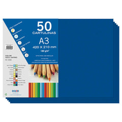 Dohe Pack de 50 Cartulinas A3 de 180gr - Con PH Neutro - Libres de Cloro Elemental - Color Azul Zafiro