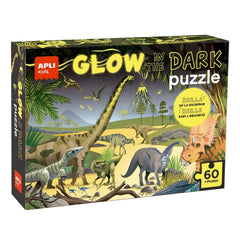 Apli Glow in the Dark Puzzle Fluorescente de 60 Piezas 6x6cm - Tematica Dinosaurios - Efecto Fluorescente que Revela Diseños Ocultos - Poster para Facilitar Montaje - Recomendado para Niños a partir de 4 Años