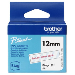 Fita Brother Btag-132 12mm - Texto vermelho sobre fundo transparente - Medidas 12mm x 4 metros - Adequada para PTN10, PTN20, PTN25BT