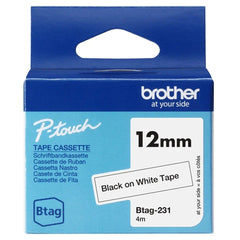 Fita Brother Btag-231 12 mm - Texto preto sobre fundo branco - Medidas 12 mm x 4 metros - Adequada para PTN10, PTN20, PTN25BT