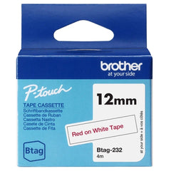 Fita Brother Btag-232 12mm - Texto vermelho sobre fundo branco - Medidas 12mm x 4 metros - Adequada para PTN10, PTN20, PTN25BT