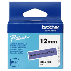 Fita Brother Btag-F31 12 mm - Texto preto sobre fundo roxo - Medidas 12 mm x 4 metros - Adequada para PTN10, PTN20, PTN25BT
