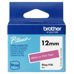 Fita Brother Btag-P35 12mm - Texto Branco sobre Fundo Rosa - 12mm x 4 Metros - Adequada para PTN10, PTN20, PTN25BT