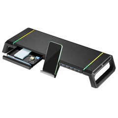 Ewent EW1268 Elevador para Monitor RGB Extensible - Plegable con cajon y soporte para smartphone - HUB USB 3.0 de 4 Puertos - Color Negro