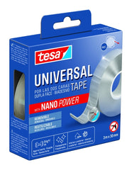 Tesa Cinta Universal de Doble Cara con Nano Power 30mm x 3 Metros - Soporta Cargas Pesadas - Puede Retirarse sin Dejar Residuos - Reutilizable - Para Interiores y Exteriores - Transparente