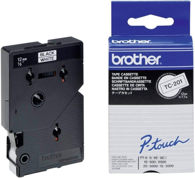 Brother TC201 Cinta Laminada Original para Rotuladora - Texto Negro sobre Fondo Blanco - Ancho 12mm x 7 metros