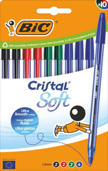 Bic Cristal Soft Pack de 10 Boligrafos de Bola - Punta Media de 1.2mm - Trazo 0.45mm - Escritura mas Fluida - Colores Surtidos