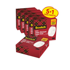 Scotch Super-Hold Pack de 6Â Cintas Adhesivas - Extrafuerte - 19mm x 25.4m - Promocion 5 + 1 Gratis - Color Transparente