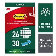 Command Pack de 26 Ganchos para Luces - Sujeccion de Clip - 30 Tiras Adhesivas - Color Blanco