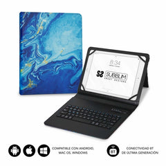 Subblim Keytab Pro Bluetooth Universal Case 9-10.1" - Ultra-Slim Design - Adjustable Stand - Magnetic System - Durable and Adaptable - Wireless - Bluetooth - Color Blue Marble