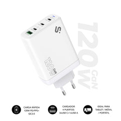 Subblim Cargador de Pared GaN 120W - 4 Puertos (3xUSB-C + 1xUSB-A) - Carga ultra rápida - Color Blanco
