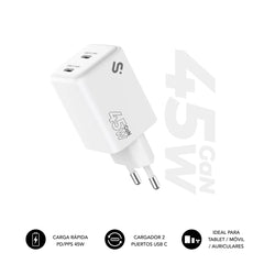 Subblim Cargador de Pared GaN 45W - 2xUSB-C - Carga Ultra rápida - Color Blanco