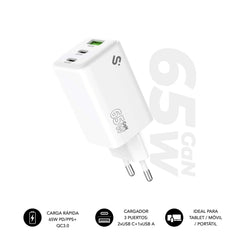 Subblim Cargador de Pared GaN 65W - 3 Puertos (2xUSB-C + 1xUSB-A) - Carga ultra rápida - Color Blanco