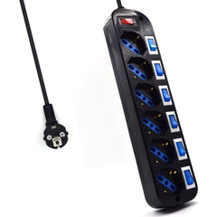 Ewent Regleta de 6 Tomas de Seguridad - 6x Schuko 16A - Proteccion contra Sobretension - Interruptor On/Off General e Individuales - Proteccion Infantil - Cable de 1.5m - Color Negro