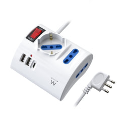 Ewent Regleta con 6 Tomas de Sobremesa - 2 Tomas L + 1 Toma L/F (Schuko) - 2x USB-A - 1x USB-C - Enchufe Italiano Plano en Angulo - Interruptor On/Off - Cable de 1.5m - Color Blanco