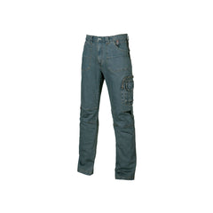 Upower Traffic Pantalon Jeans Stretch - Talla 62 - Bolsillos Delanteros Amplios, Bolsillo Lateral para Herramientas, Multibolsillos con Porta Telefono, Rodillas Elasticas, Cintura Ajustable con Velcro - Color Azul Vaquero