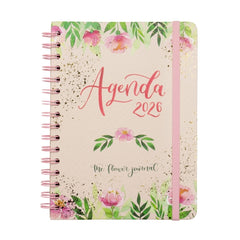 Finocam Flower Journal Agenda de Espiral en Catalan - Anual 2026 - Tapa Dura - Cierre de Goma - Formato E10 - 155X212mm - Semana Vista Horizontal - Color Rosa
