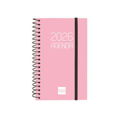 Finocam Opaque Agenda de Espiral en Catalan - Anual 2026 - Tapa Ligera - Cierre con Goma Elastica - Formato E3 - 85x14x127mm - Semana Vista Horizontal - Color Rosa