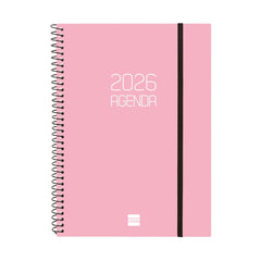 Finocam Opaque Agenda de Espiral en Catalan - Anual 2026 - Tapa Ligera - Cierre con Goma Elastica - Formato E10 - 217x14x297mm - Semana Vista Horizontal - Color Rosa