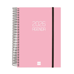 Finocam Opaque Agenda de Espiral en Catalan - Anual 2026 - Tapa Ligera - Cierre con Goma Elastica - Formato E10 - 175x29x212mm - 1 Dia por Pagina - Color Rosa
