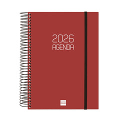 Finocam Opaque Agenda de Espiral en Catalan - Anual 2026 - Tapa Ligera - Cierre con Goma Elastica - Formato E10 - 175x29x212mm - 1 Dia por Pagina - Color Burdeos
