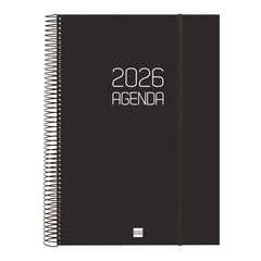 Finocam Opaque Agenda de Espiral en Catalan - Anual 2026 - Tapa Ligera - Cierre con Goma Elastica - Formato E40 - 230x29x297mm - 1 Dia por Pagina - Color Negro