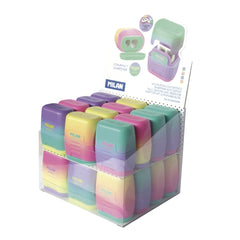 Milan Compact Sunset Expositor con 24 Sacapuntas Dobles - Regular y Maxi - Deposito Integrado - Cuchilla de Acero de Seguridad - Colores Surtidos