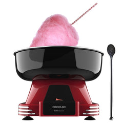 Cecotec Fun and Sugar Maquina de Algodon de Azucar - Potencia de 500W - Estilo Retro - Desmontable - Incluye Cuchara y Sticks - Tapa Antisalpicaduras - Color Negro y Rojo