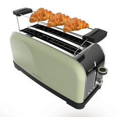 Cecotec Toastin' Time 1500 Tostadora de Doble Ranura Larga - 1500W - Ranura Ancha - Acero Inoxidable - Calienta Panecillos - Apagado y Pop-Up Automatico - 7 Niveles de Tostado - Color Menta