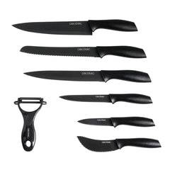 Cecotec titanium Pack de 7 Cuchillos Profesionales - Hoja de 2mm de Grosor - Acero Inoxidable con Recubrimiento Ceramico - Mango de Polipropileno - Aptos para Lavavajillas - Estilo Japones - Color Negro