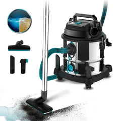 Cecotec Conga Rockstar Wet and Dry Steel Max Aspirador de Trineo para Solidos y Liquidos - 1400W - Deposito 20L - Funcion de Soplado - Filtros Duales - Ruedas de Goma - Acero Inoxidable