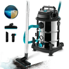 Cecotec Conga Rockstar Wet and Dry Steel Pro Aspirador de Trineo para Solidos y Liquidos - 1600W - Deposito 30L - Funcion de Soplado - Filtros Duales - Ruedas de Goma - Acero Inoxidable