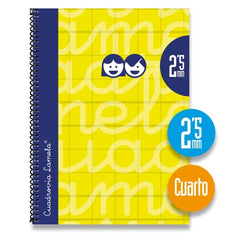 Lamela Cuaderno Espiral con 80 Hojas de 70g/m2 con Margen - Formato Cuarto - Pauta Cuadrovia de 2.5mm - Cubierta Extra Dura - Papel Offset Blanco Extra - Color Amarillo