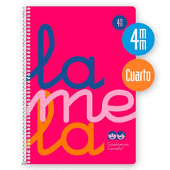 Lamela Cuaderno Espiral con 80 Hojas de 90g/m2 con Margen - Formato Cuarto - Pauta Cuadrovia de 4mm - Cubierta Extra Dura - Papel Offset Blanco Extra - Color Rosa