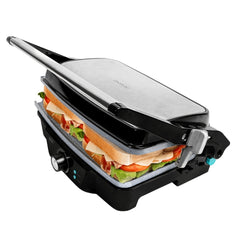 Cecotec Rock’nGrill 1500 Stone Ceramic Mix and Grill Parrilla Electrica - Potencia 1500W - Apertura 180º - Revestimento de Ceramica - Libre de Ptfe y Pfoa - Base Antideslizante - Color Negro y Plateado