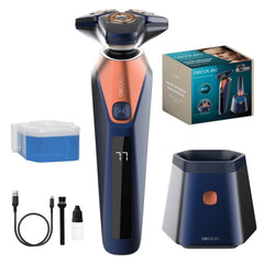 Cecotec PrecisionCare Saphire Pro Afeitadora Rotativa con Base Autolimpieza - Autonomia hasta 90min - Cuchillas de Titanio - Varias Velocidades - Liquido de Autolimpieza - IPX7 - Color Negro