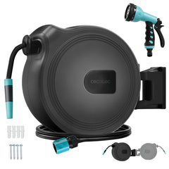 Cecotec HydroShell 30 Manguera de 30m - Recogida Automatica - Giro 180º - Accesorios Incluidos - Tambor Extraible - Pistola Pulverizadora - Conexion Universal - Color Negro