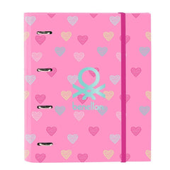 Safta Benetton Heart Carpeta con 4 Anillas 35mm - Tapas Duras Forradas - Recambio 100 Hojas - Cierre Elastico - Incluye Separadores - Cuadricula 5x5mm - 270x35x320mm - Color Rosa