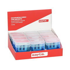 Safta Expositor con 12 Sacapuntas Doble con Deposito - Cuchilla de Acero Duradera - Agarre Ergonomico - Deposito para Virutas - Colores Surtidos