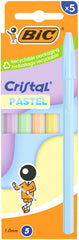 Bic Cristal Pastel Pack con 5 Boligrafos de Bola - Cuerpo Opaco en Colores Pastel - Punta redonda de 1mm - Trazo 0.4mm - Tinta con Base de Aceite - Color de la Tinta Azul